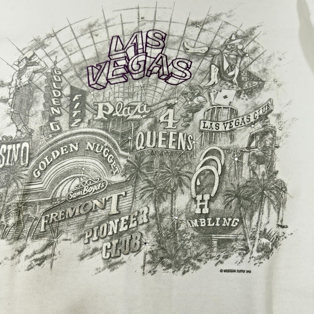 1985 Delta Vintage White Las Vegas Casino StripPuff Printing Bedazzled Crewneck - Picture 3 of 6